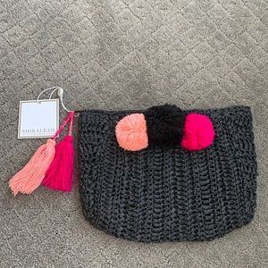 NWT Shiraleah Black Straw and Pink Pompom Clutch